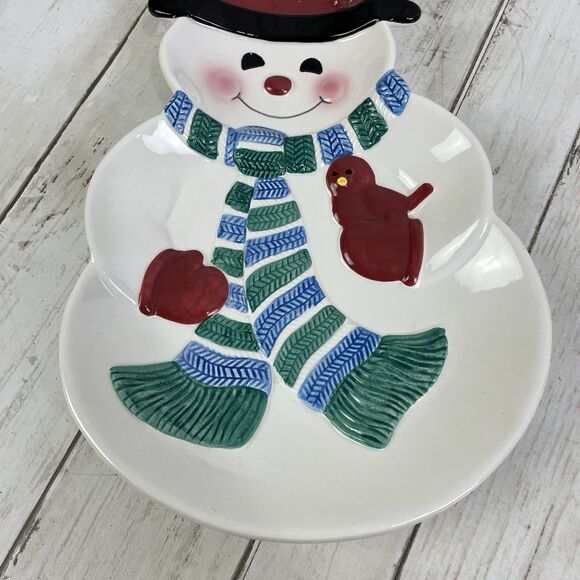 Hallmark Holiday Snowman & Red Bird Ceramic Candy Dish Or Wall Hanging Vintage - Picture 5 of 7